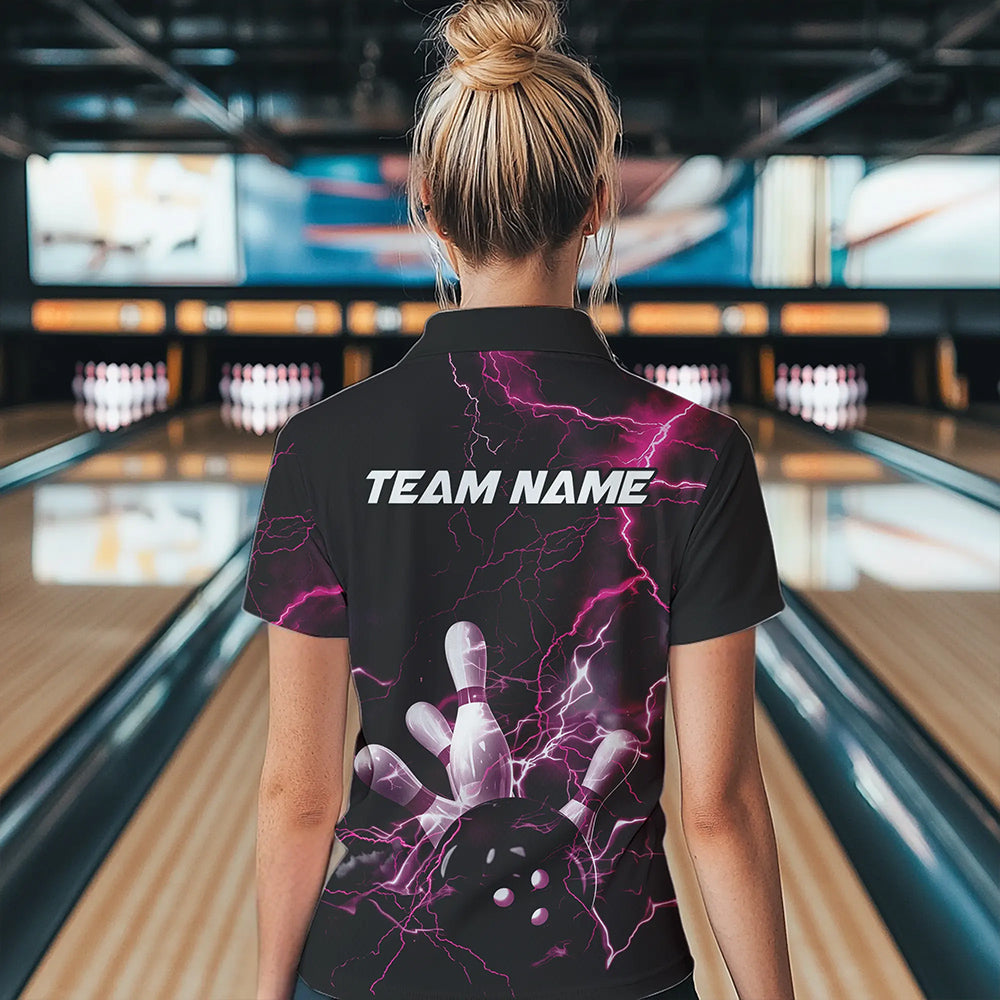Custom Black And Pink Thunder Lightning Bowling Tournament Polo Shirts For Women IPHW8523