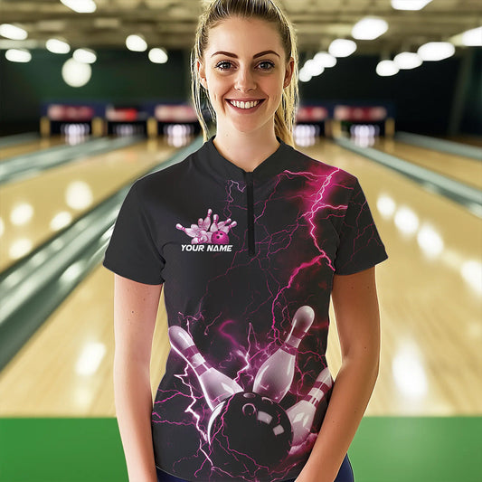 Custom Black And Pink Thunder Lightning Bowling Tournament Quarter-Zip Shirts For Women IPHW8523