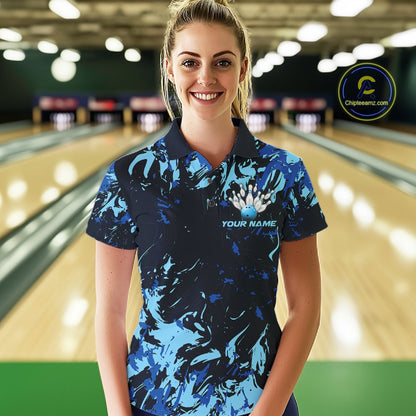 Custom Blue Camo Women Bowling League Shirt, Bowlers Jerseys Bowling Tournament Outfit IPHW10617