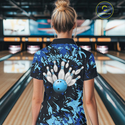 Custom Blue Camo Women Bowling League Shirt, Bowlers Jerseys Bowling Tournament Outfit IPHW10617