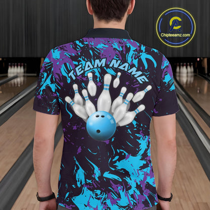 Custom Blue And Purple Camo Men Bowling League Shirt, Bowlers Jerseys Tournament Outfit IPHW10618