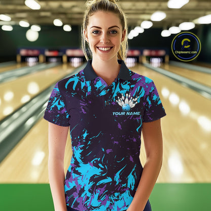 Custom Blue And Purple Camo Women Bowling League Shirt, Bowlers Jerseys Tournament Outfit IPHW10618
