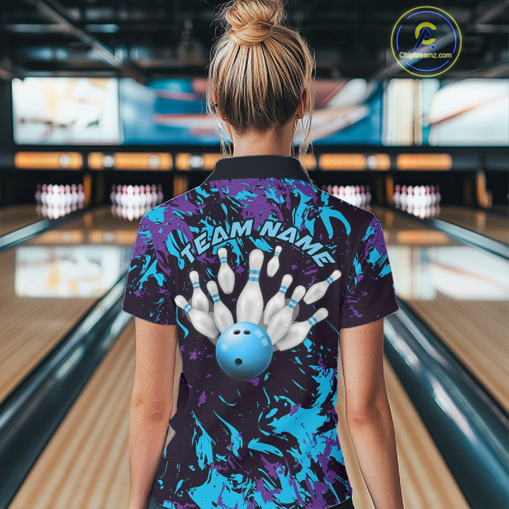 Custom Blue And Purple Camo Women Bowling League Shirt, Bowlers Jersey Tournament Outfit IPHW10618