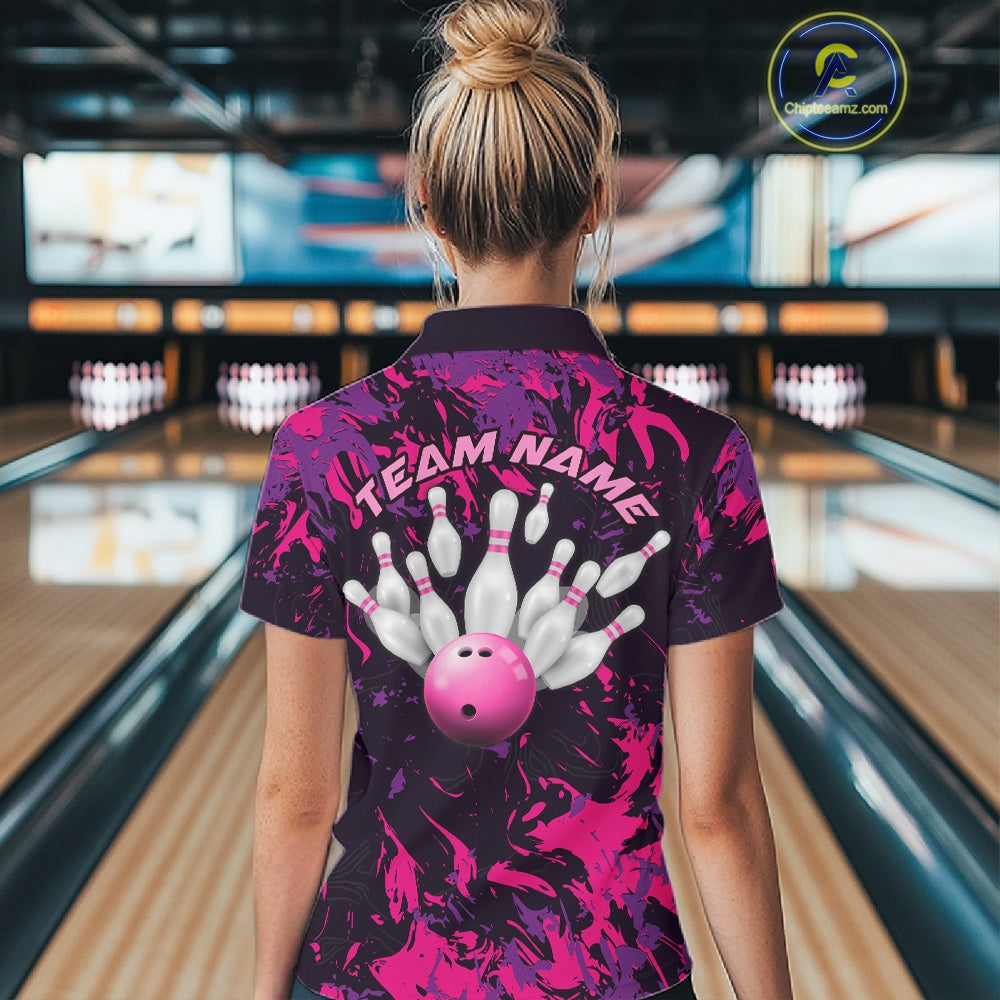 Custom Purple And Pink Camo Women Bowling League Shirt, Bowlers Jerseys Tournament Outfit IPHW10621