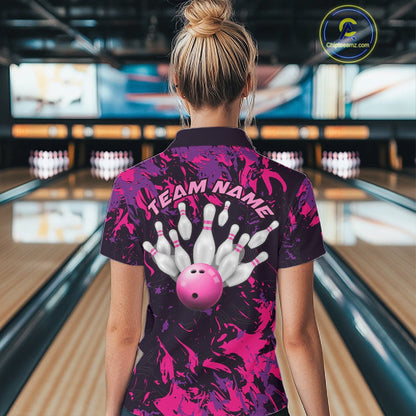 Custom Purple And Pink Camo Women Bowling League Shirt, Bowlers Jerseys Tournament Outfit IPHW10621