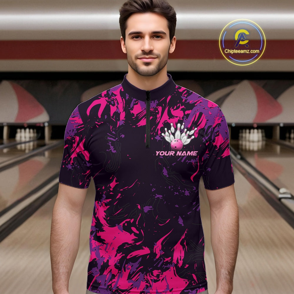 Custom Purple And Pink Camo Men Bowling League Shirt, Bowlers Jerseys Tournament Outfit IPHW10621