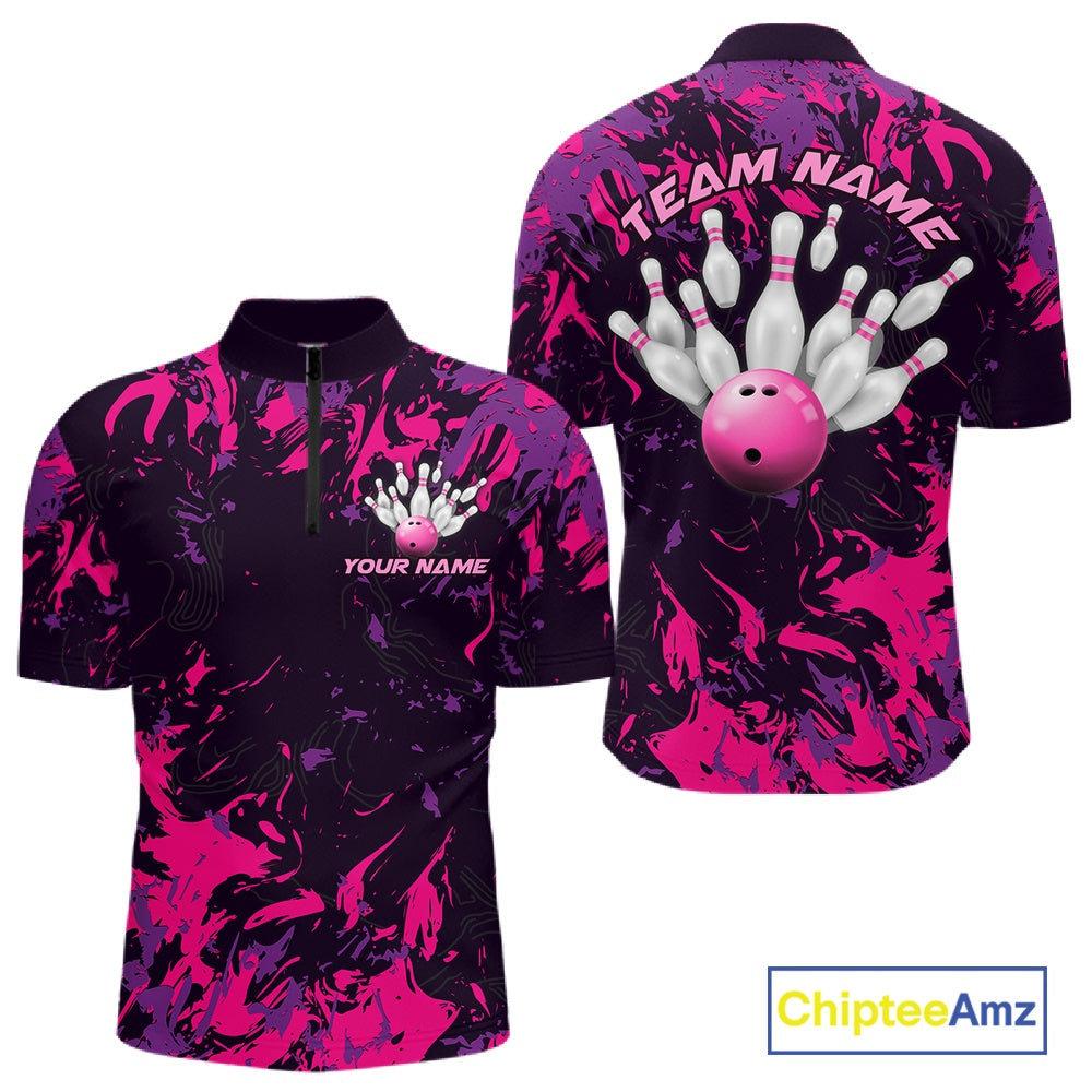 Custom Purple And Pink Camo Men Bowling League Shirt, Bowlers Jerseys Tournament Outfit IPHW10621