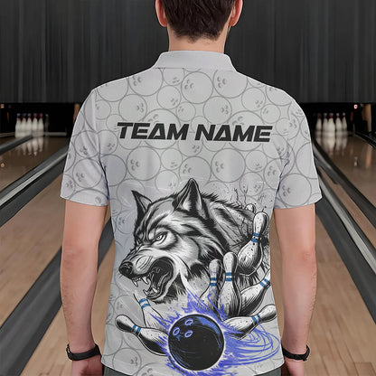 Custom Gray And Blue Wolf Bowling Polo Shirts For Men, Wolf Bowling Tournament Shirt IPHW8718
