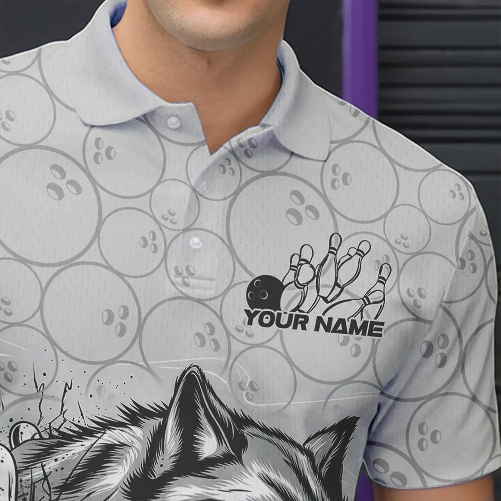 Custom Gray And Blue Wolf Bowling Polo Shirts For Men, Wolf Bowling Tournament Shirt IPHW8718