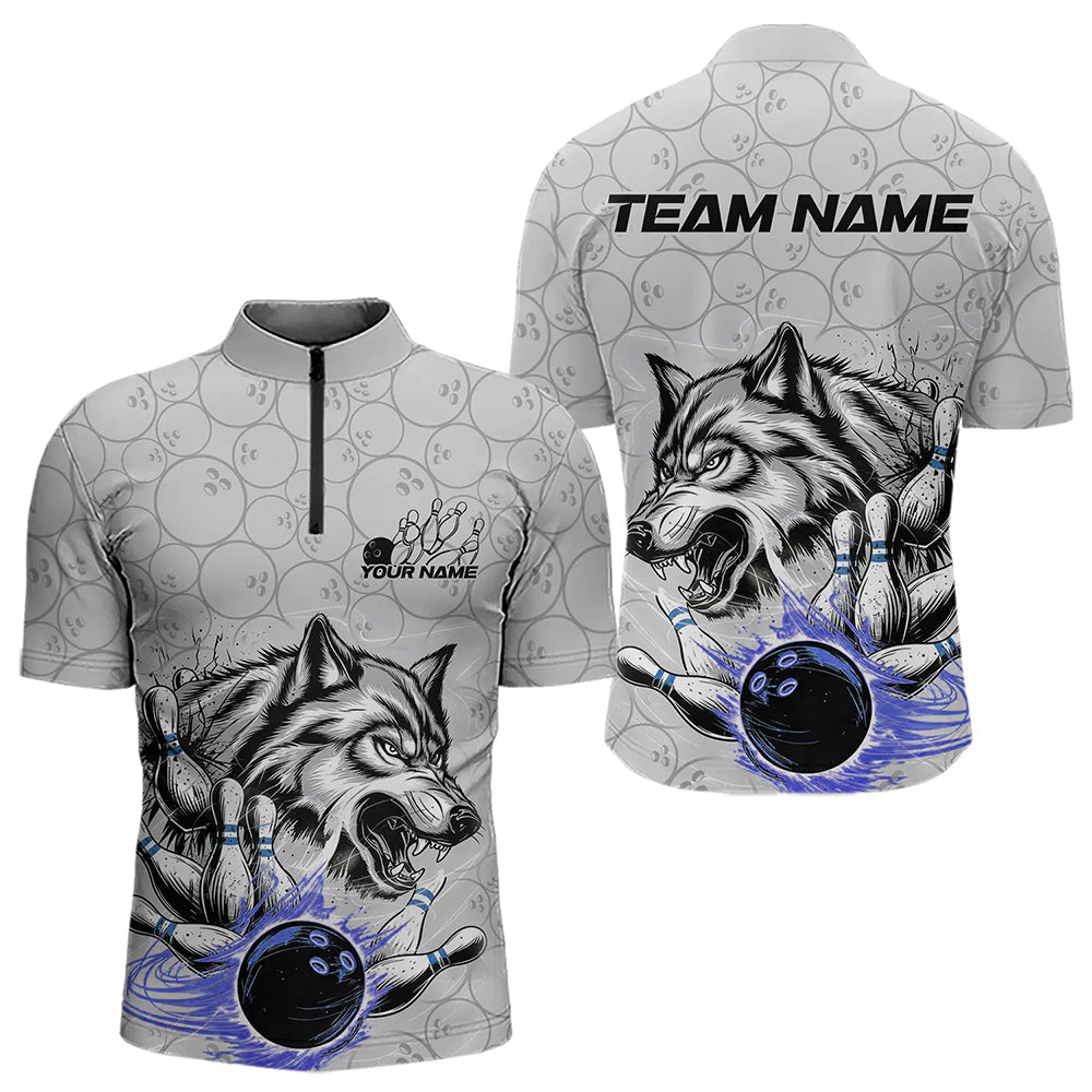 Custom Gray And Blue Wolf Bowling Quarter-Zip Shirts For Men, Wolf Bowling Tournament Shirt IPHW8718