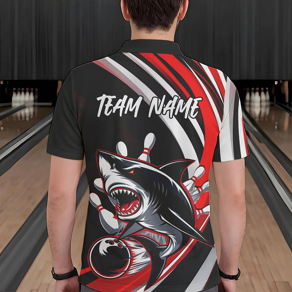 Custom Black And Red Shark Bowling Polo Shirts For Men,  Shark Bowling Team Jerseys IPHW8722
