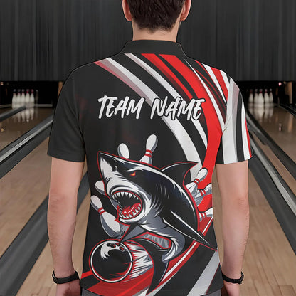 Custom Black And Red Shark Bowling Polo Shirts For Men,  Shark Bowling Team Jerseys IPHW8722