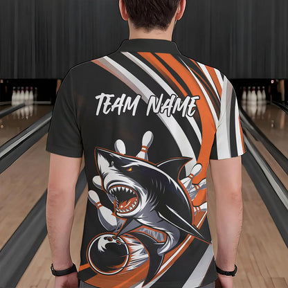 Custom Black And Orange Shark Bowling Polo Shirts For Men,  Shark Bowling Team Jerseys IPHW8723