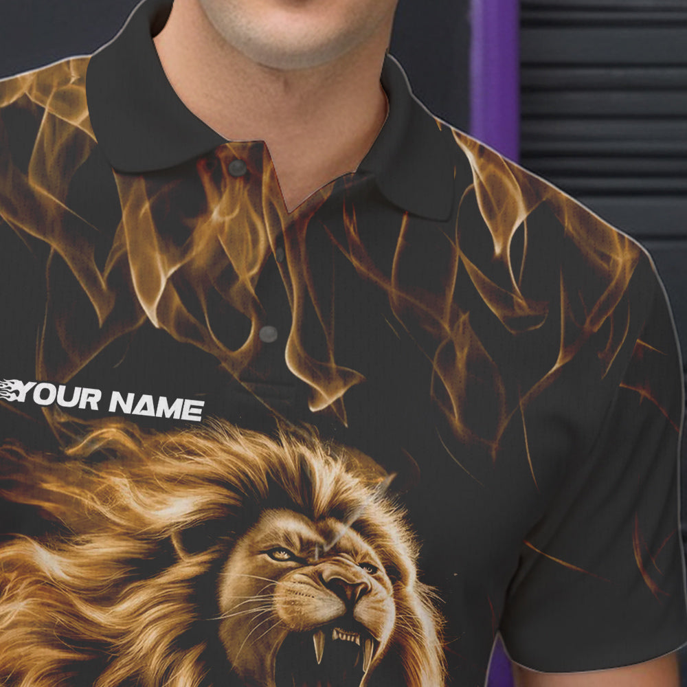 Custom Black And Yellow Flame Lion Bowling Men Polo Shirts, Lion Bowling Team Uniform IPHW8984