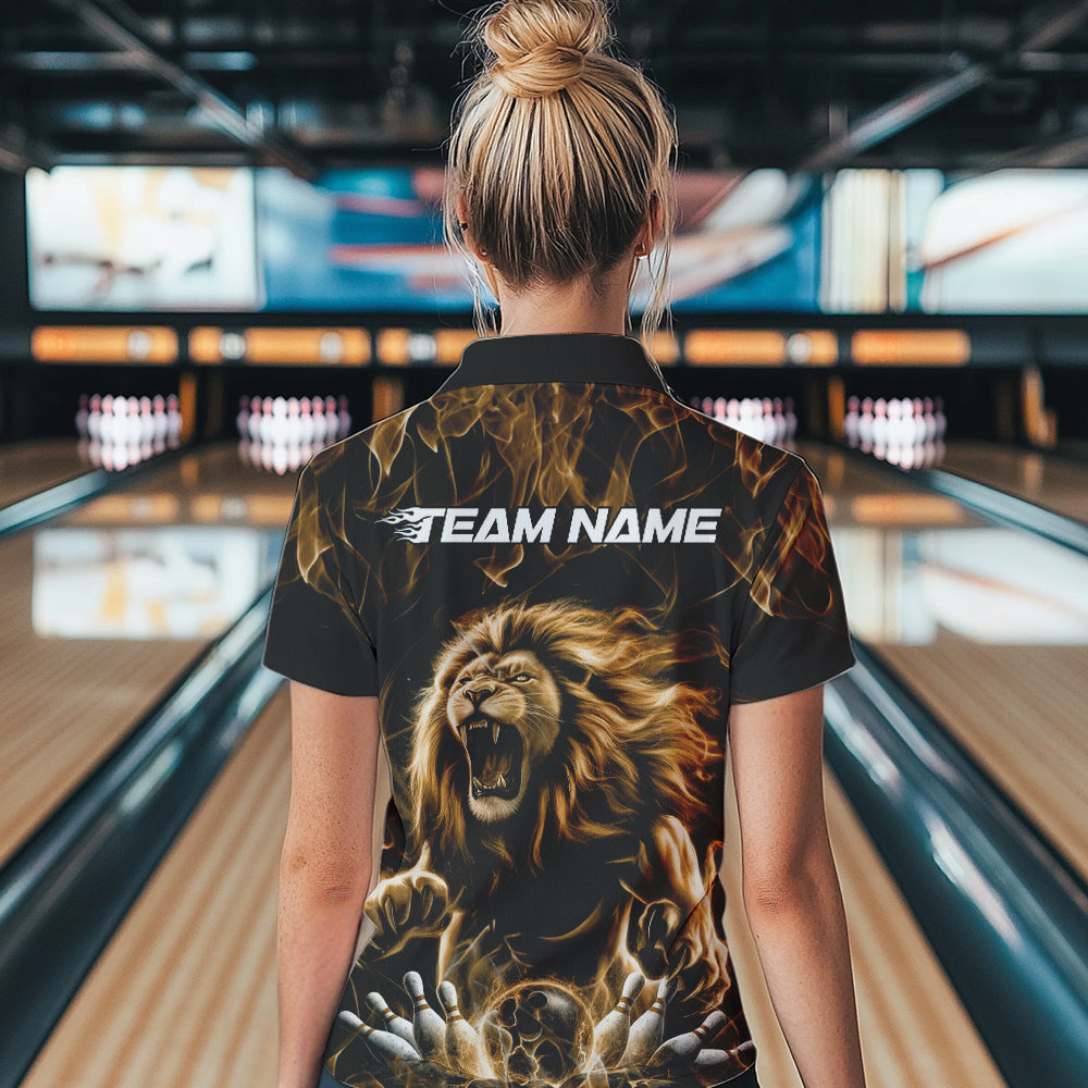 Custom Black And Yellow Flame Lion Bowling Women Polo Shirts, Lion Bowling Team Uniform IPHW8984