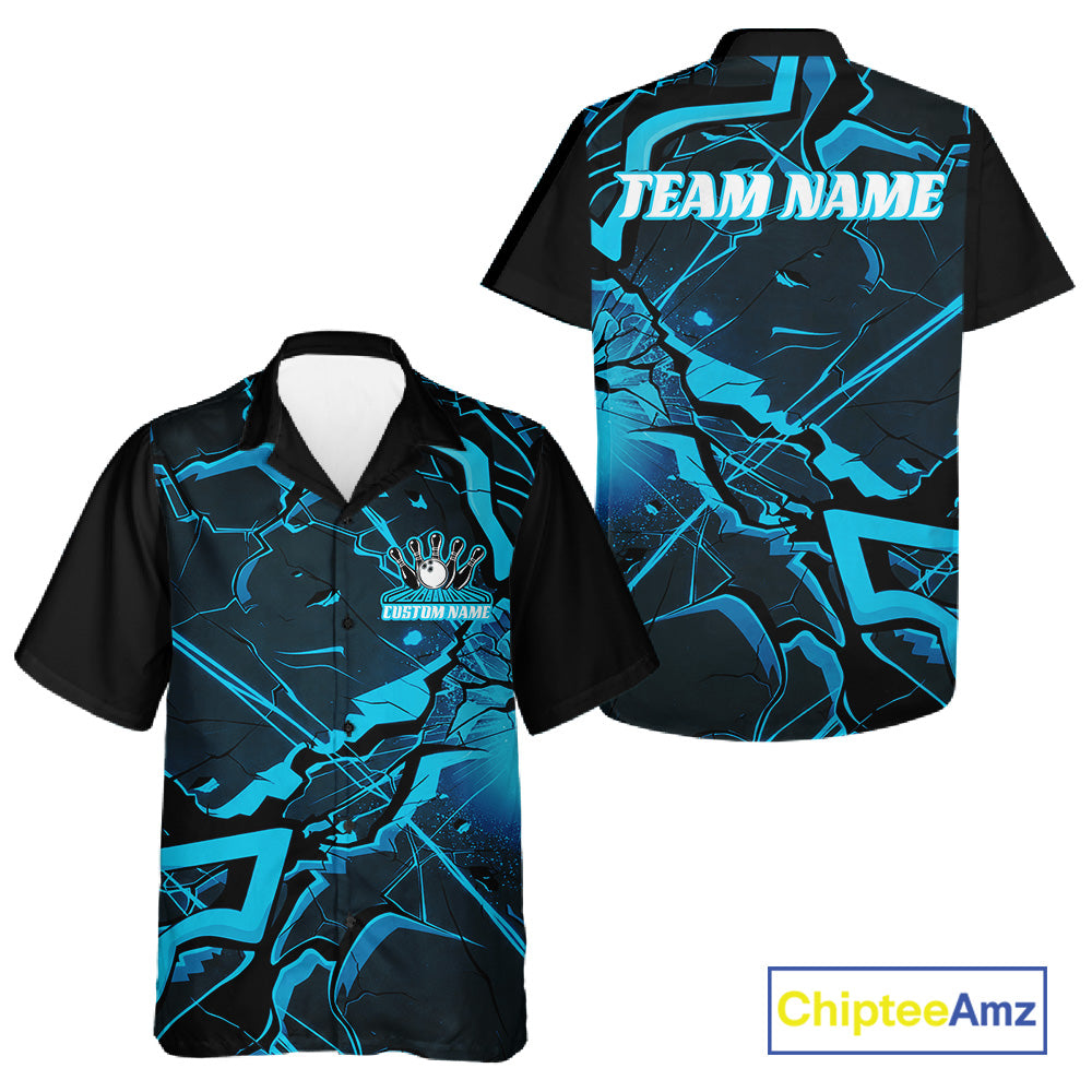 Front and back black and blue button-up bowling shirt showcasing cracked geometric linework and modern styling.