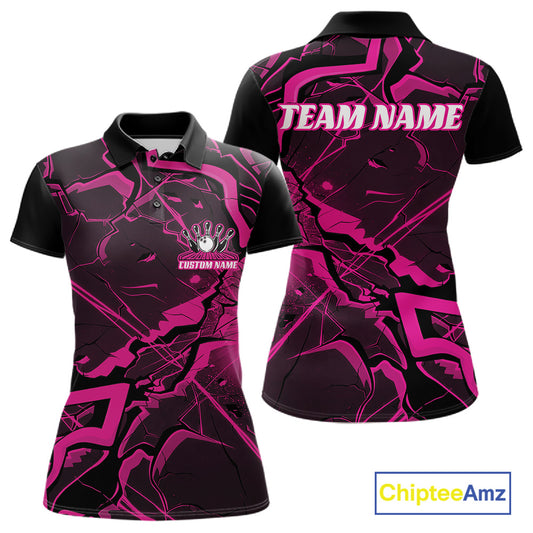 Front and back womens black and pink bowling polo featuring a cracked geometric pattern with angular styling.