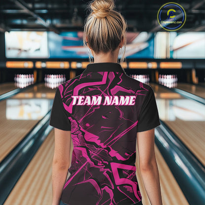 Back view of a womens black and pink bowling polo showcasing angular geometric pattern details.