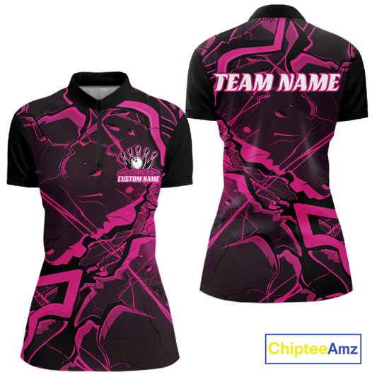 Front and back womens bowling quarter-zip featuring a black and pink cracked geometric pattern with bold futuristic accents.