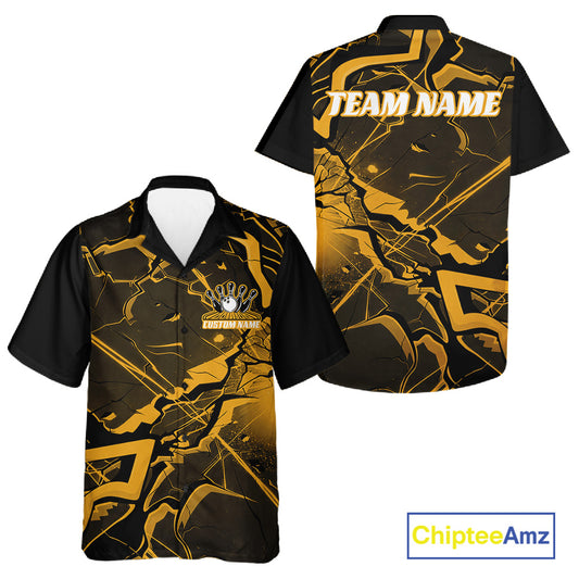 Front and back black and yellow button-up bowling shirt featuring bold cracked geometric graphics and sharp lines.