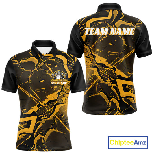 Front and back mens bowling polo featuring black and yellow cracked geometric graphics with angular lines.