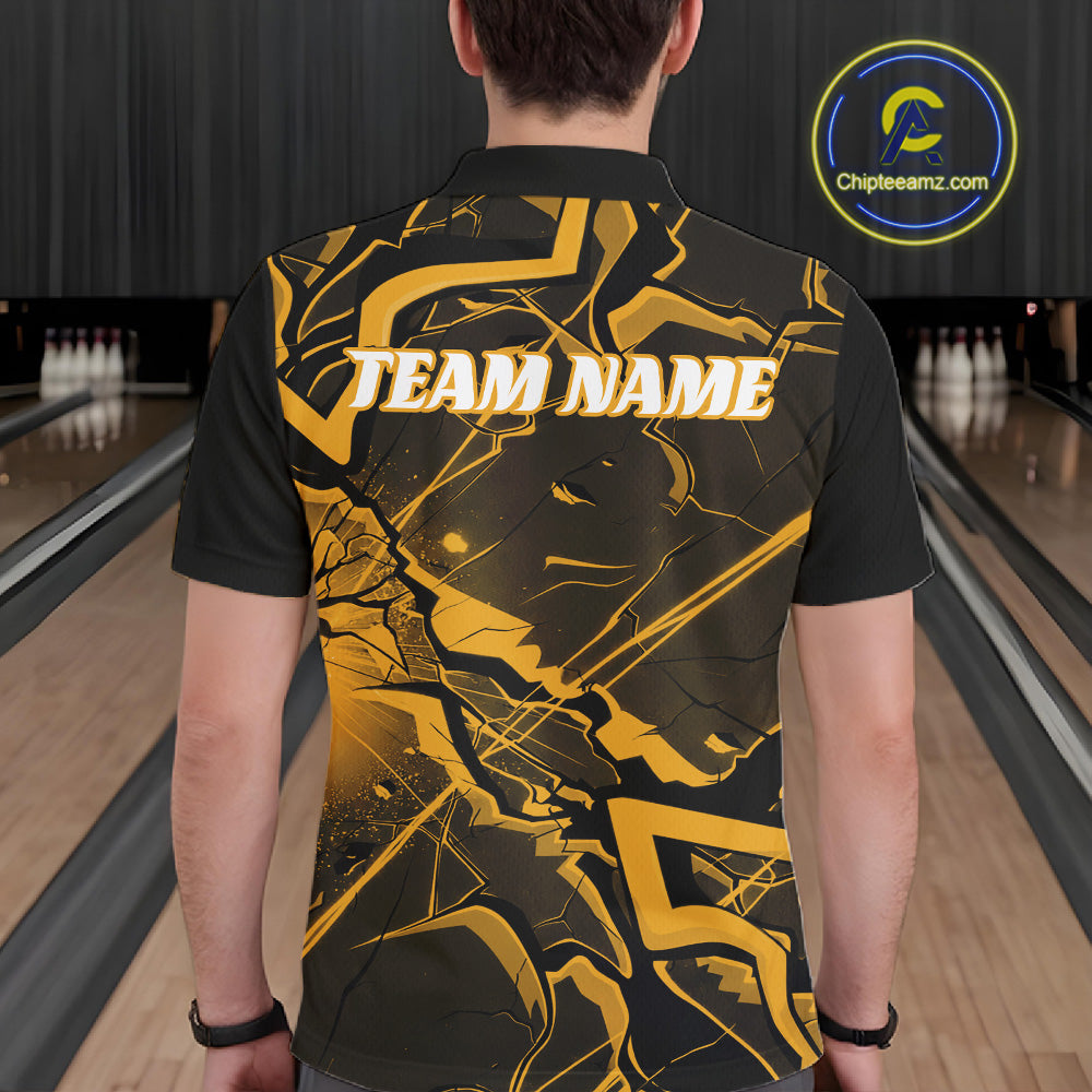 Back view of a mens bowling polo displaying black and yellow cracked pattern graphics and sharp angles.