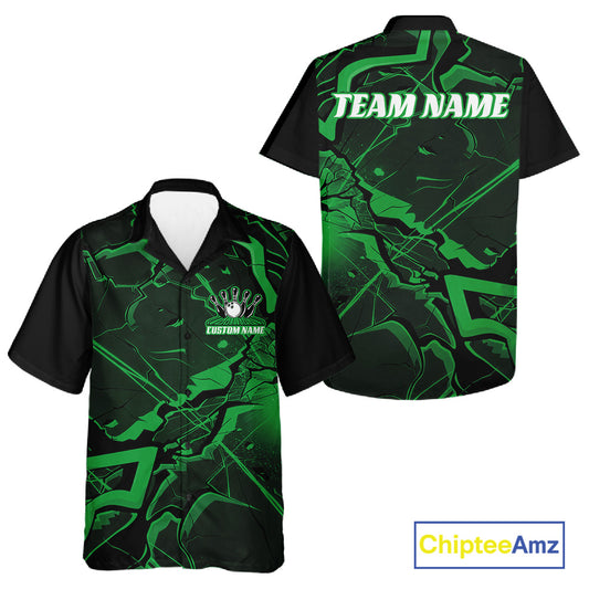 Black and green button-up bowling shirt mockup with cracked geometric pattern, angular lines, and futuristic styling.