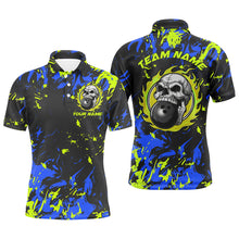 Load image into Gallery viewer, Custom Blue And Green Bowling Jerseys For Men And Women, Flame Skull Bowling Team Shirts IPHW6707