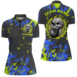 Custom Blue And Green Bowling Jerseys For Women, Flame Skull Bowling Team Shirts IPHW6707