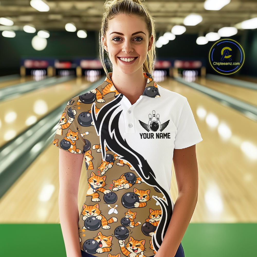 Custom Cute Funny Ginger Tabby Cat Bowling Women Polo Shirts, Cat Bowling Team Shirt IPHW10317