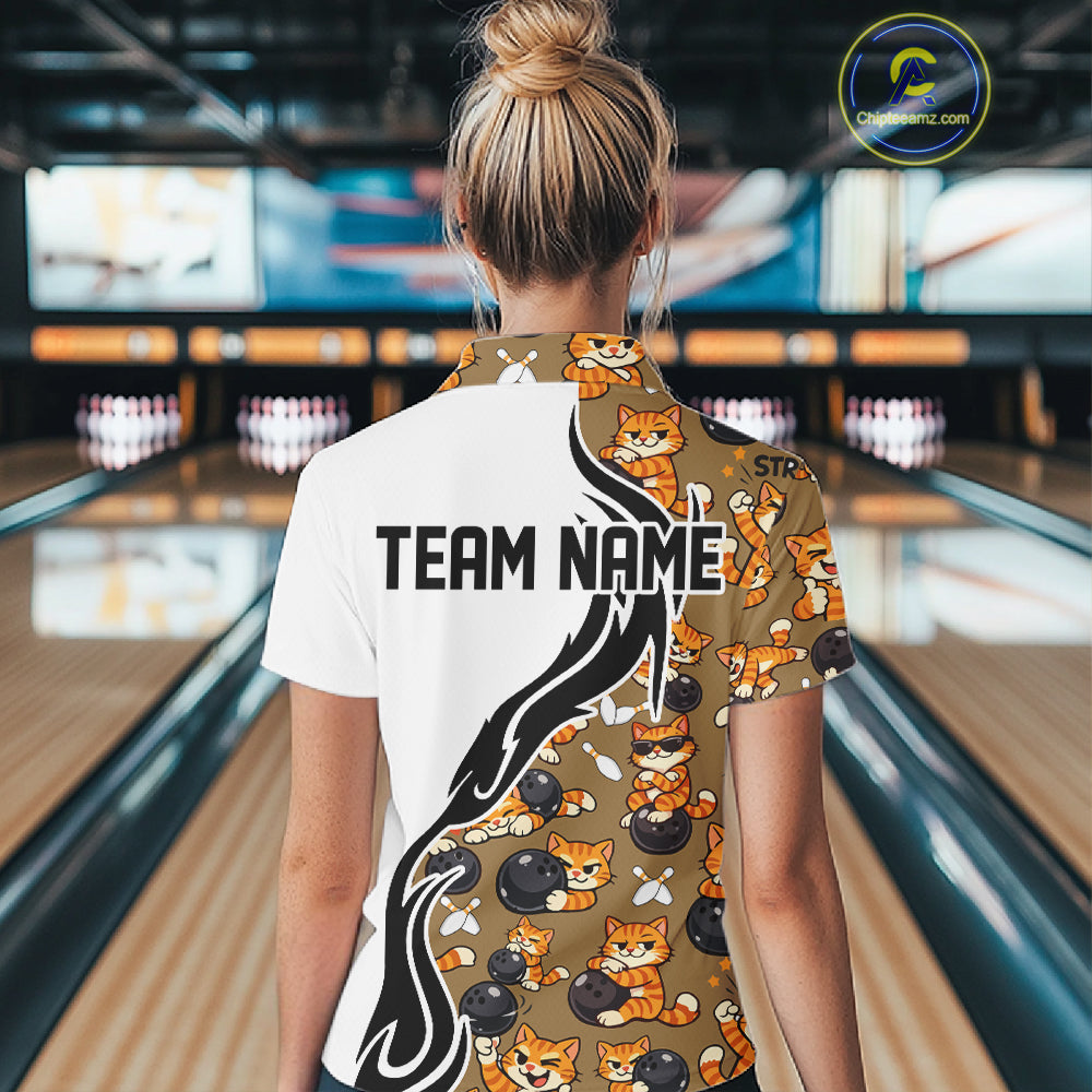 Custom Cute Funny Ginger Tabby Cat Bowling Women Polo Shirts, Cat Bowling Team Shirt IPHW10317