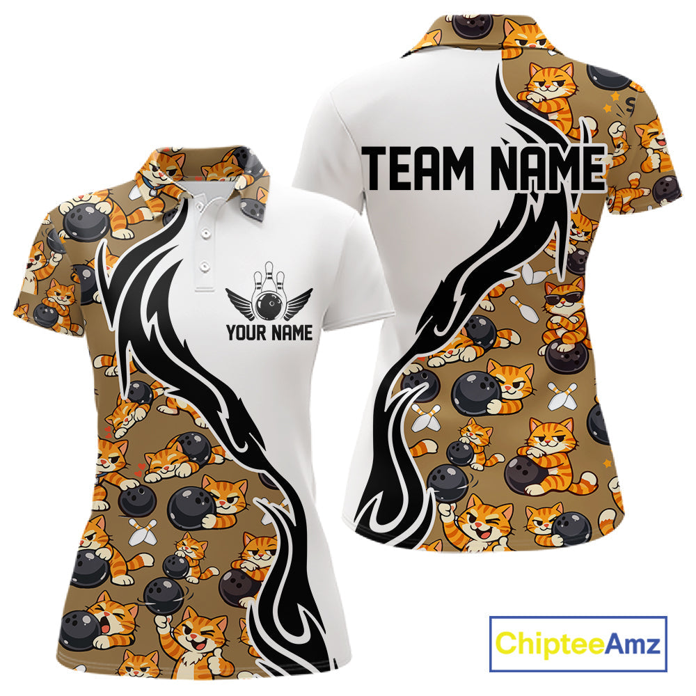 Custom Cute Funny Ginger Tabby Cat Bowling Women Polo Shirts, Cat Bowling Team Shirt IPHW10317