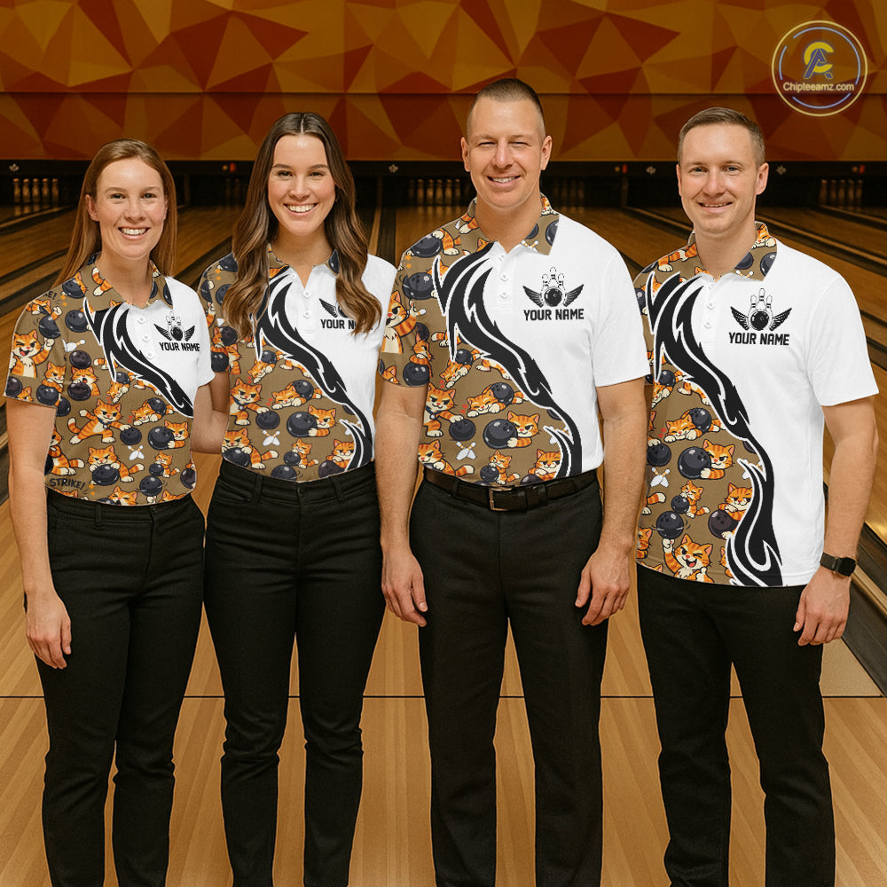 Custom Cute Funny Ginger Tabby Cat Bowling Men Polo Shirts, Cat Bowling Team Shirt IPHW10317