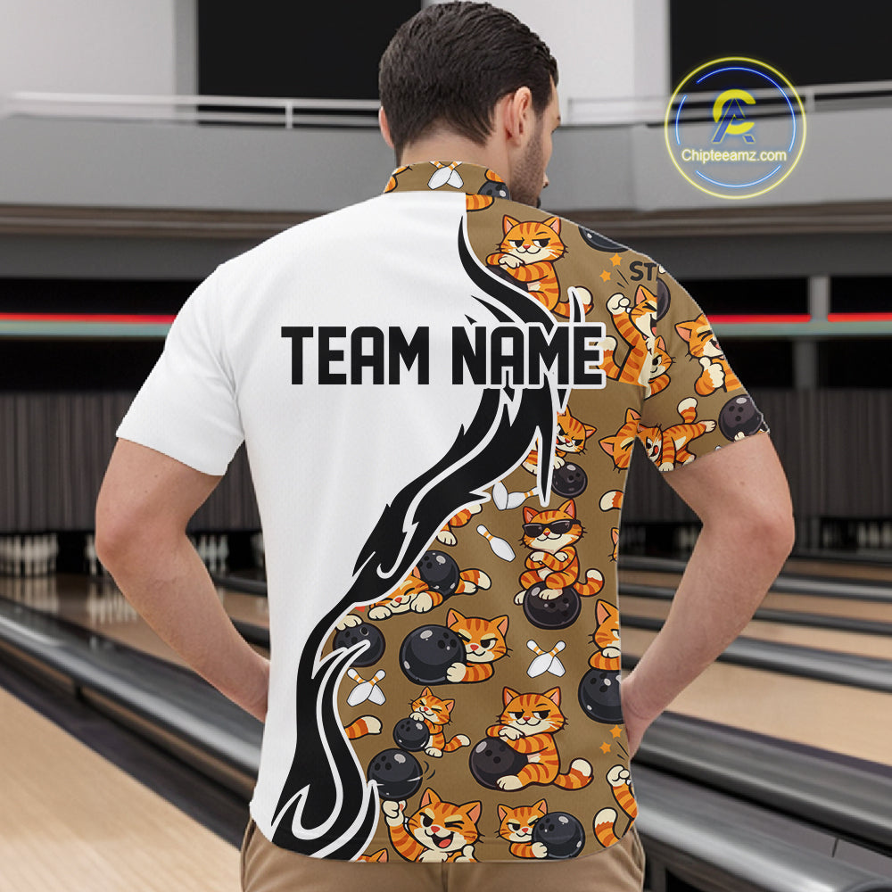 Custom Cute Funny Ginger Tabby Cat Bowling Men Quarter-Zip Shirts, Cat Bowling Team Shirt IPHW10317