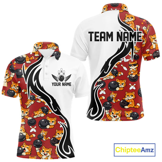 Custom Cute Funny Ginger Tabby Cat Bowling Men Polo Shirts, Cat Bowling Team Shirt IPHW10318