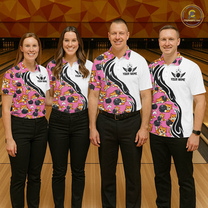 Custom Cute Funny Ginger Tabby Cat Bowling Men Polo Shirts, Cat Bowling Team Shirt IPHW10319