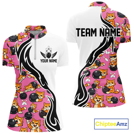 Custom Cute Funny Ginger Tabby Cat Bowling Women Quarter-Zip Shirts, Bowling Team Shirt IPHW10319