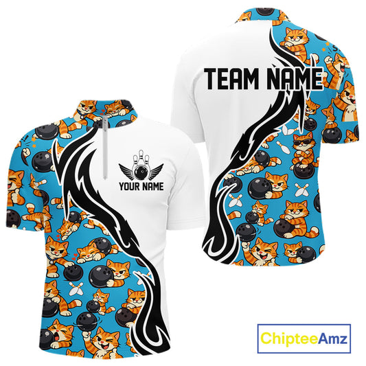 Custom Cute Funny Ginger Tabby Cat Bowling Men Quarter-Zip Shirts, Cat Bowling Team Shirt IPHW10320
