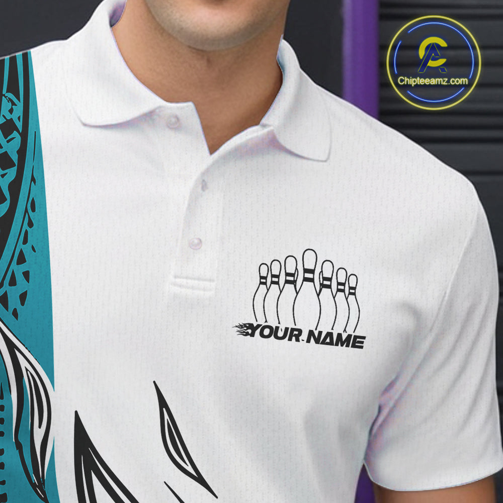 Custom Blue Tribal Polynesian Pattern Men Bowling Team Shirt, Maori Style Bowling Outfit IPHW10327