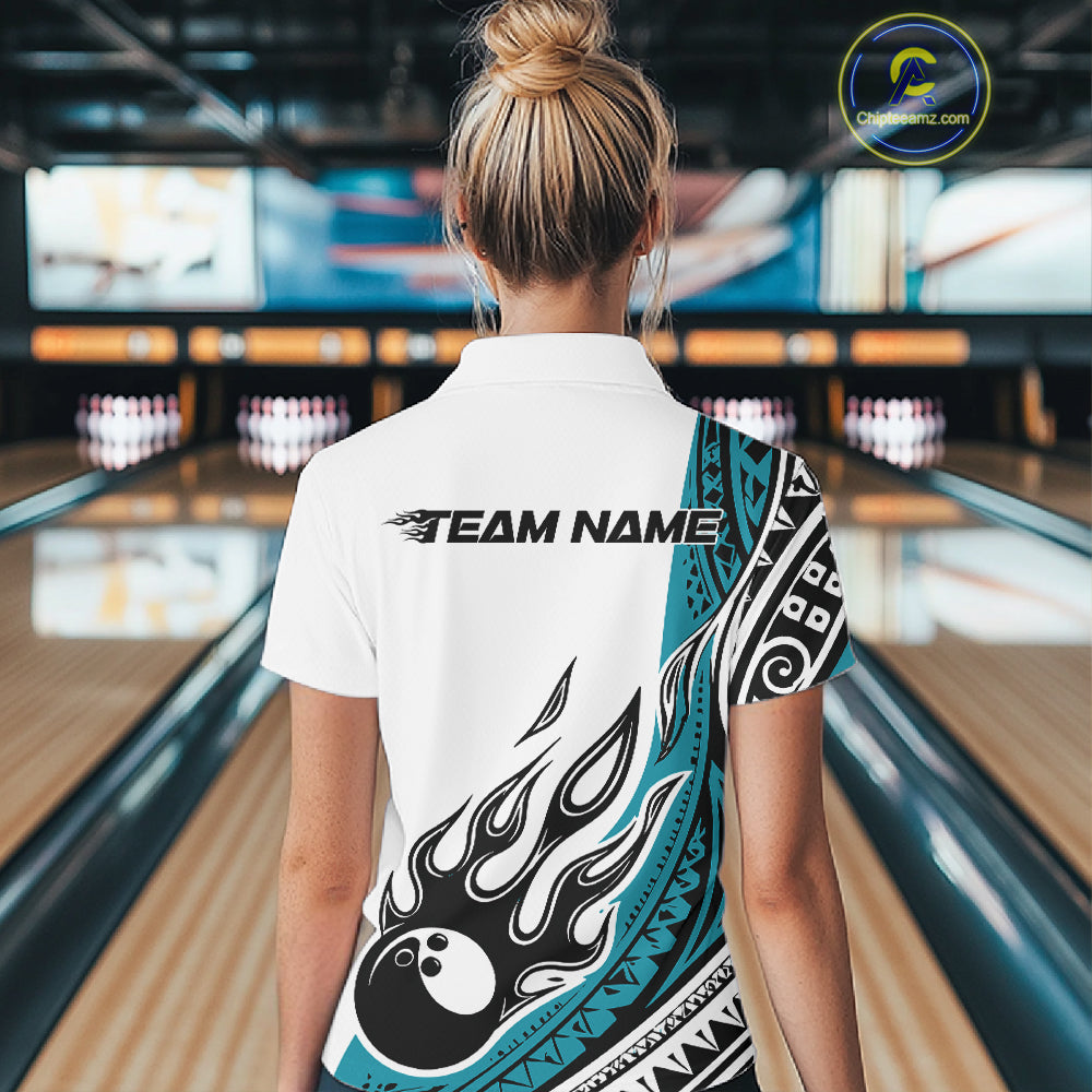 Custom Blue Tribal Polynesian Pattern Women Bowling Team Shirt, Maori Style Bowling Outfit IPHW10327