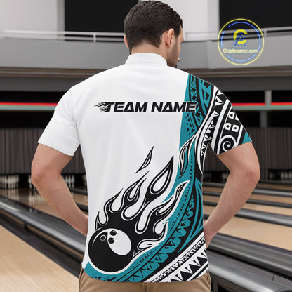 Custom Blue Tribal Polynesian Pattern Men Bowling Team Shirt, Maori Style Bowling Outfit IPHW10327