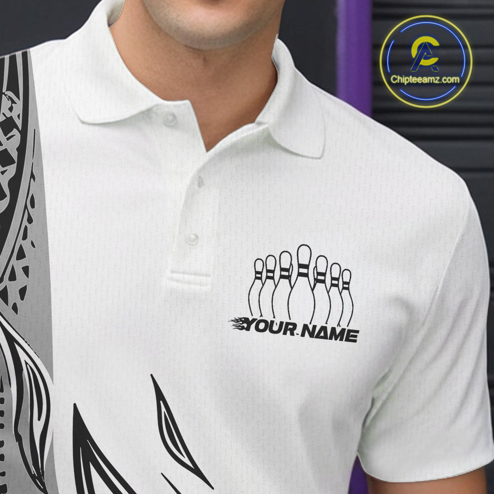Custom Gray Tribal Polynesian Pattern Men Bowling Team Shirt, Maori Style Bowling Outfit IPHW10328