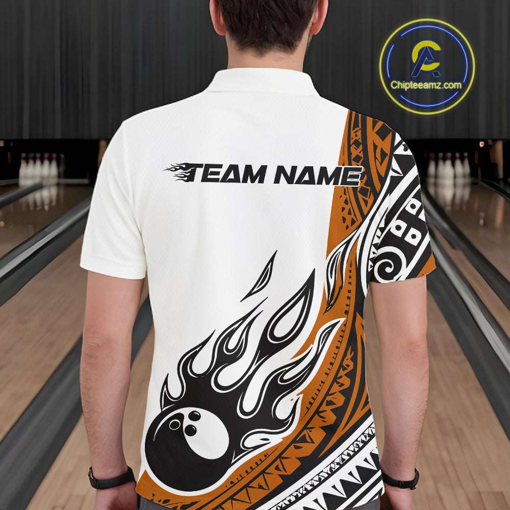 Custom Orange Tribal Polynesian Pattern Men Bowling Shirt, Maori Style Bowling Outfit IPHW10329