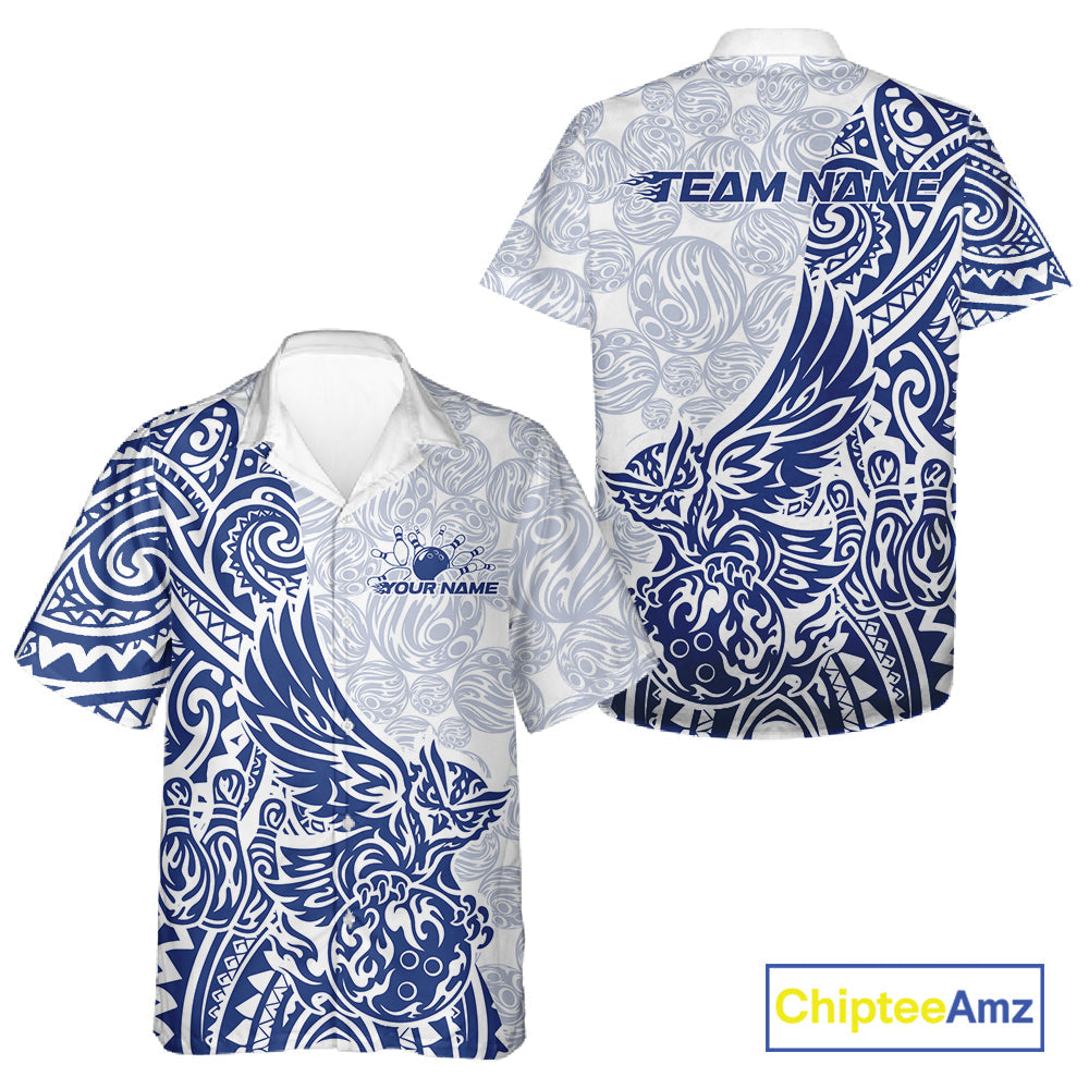Custom Blue Tribal Tattoo Pattern Polynesian Owl Bowling Men And Women Hawaiian Shirts IPHW10334