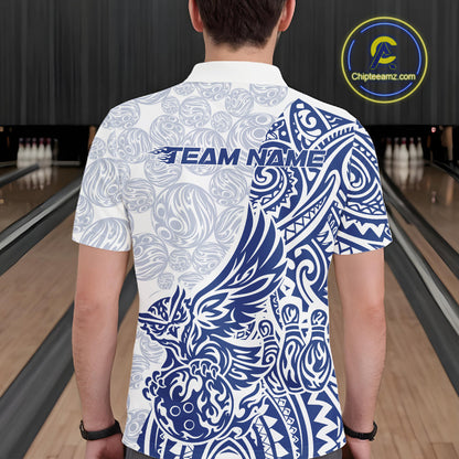 Custom Blue Tribal Tattoo Pattern Polynesian Owl Bowling Men Polo Shirts IPHW10334
