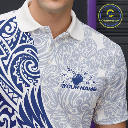 Custom Blue Tribal Tattoo Pattern Polynesian Owl Bowling Men Polo Shirts IPHW10334