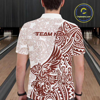 Custom Red Brown Tribal Tattoo Pattern Polynesian Owl Bowling Men Polo Shirts IPHW10335