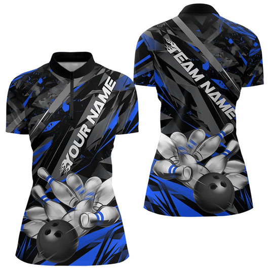 Custom Black And Blue Bowling Quarter-Zip Shirts For Women, Bowling Tournament Team Uniform IPHW8528