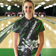 Load image into Gallery viewer, Custom Black And Green Bowling Quarter-Zip Shirt For Women, Bowling Tournament Team Uniform IPHW8529