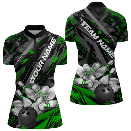 Custom Black And Green Bowling Quarter-Zip Shirt For Women, Bowling Tournament Team Uniform IPHW8529